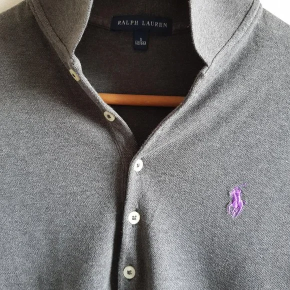 Polo Ralph Lauren 5 buttons grey long sleeve top with purple horse emblem - Picture 6 of 6